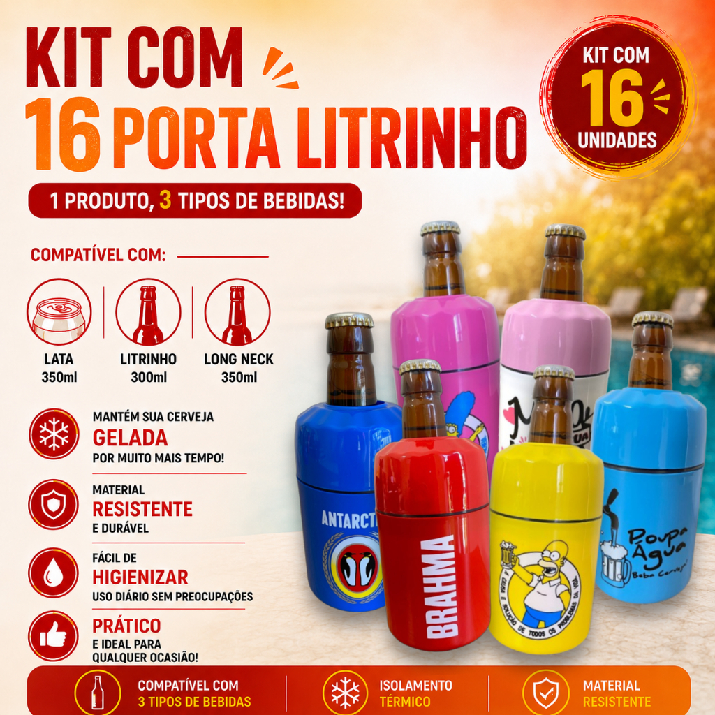 16 Porta Lata Litrinho 300ml Cerveja Suporte Long Neck Lata 350ml Térmico Personalização
