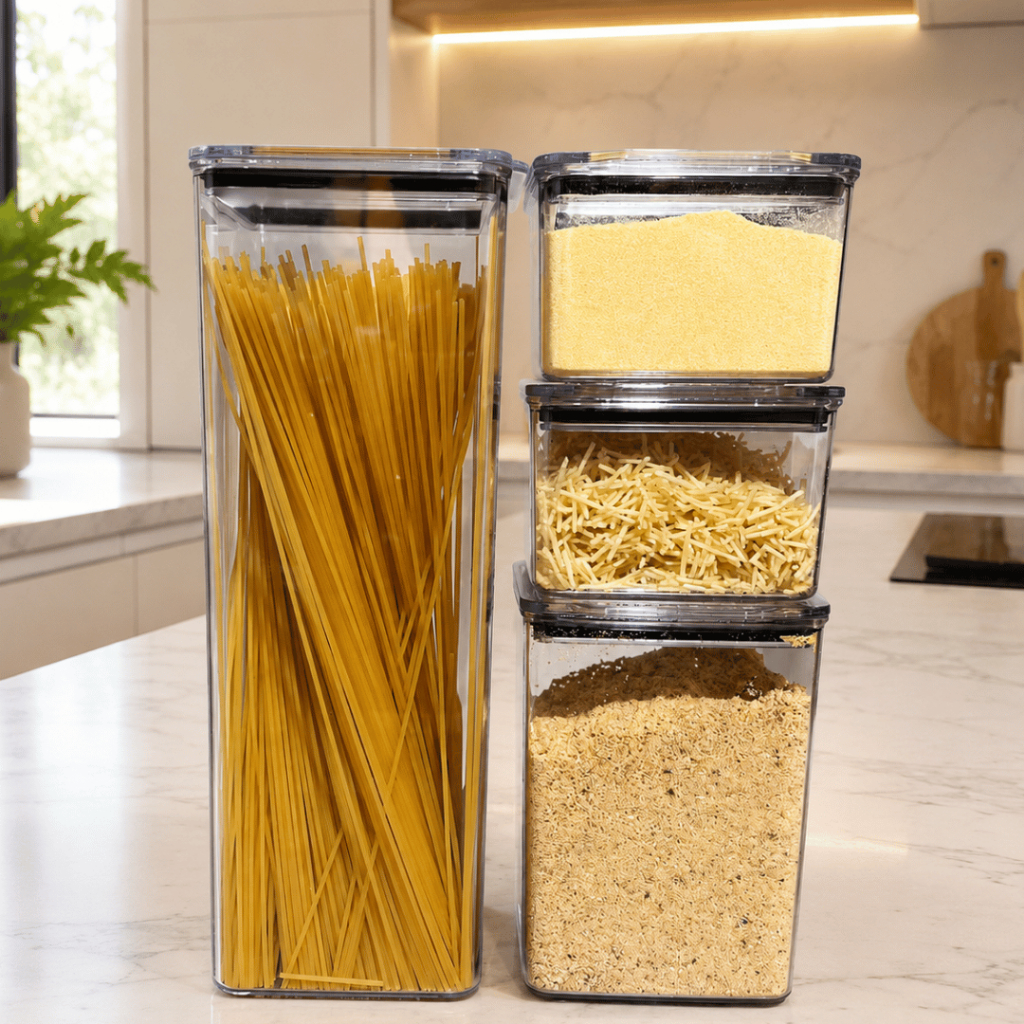 KIT 4 POTES HERMETICO QUADRADO CONJUNTO DE MANTIMENTOS TRANSPARENTE ORGANIZADOR