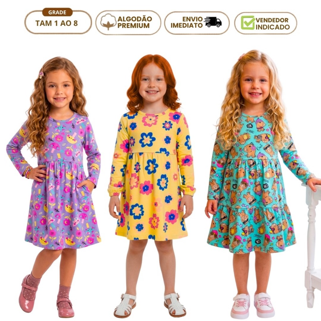 Vestido Infantil Inverno Manga Longa Rodado Algodão Roupa de Menina Estampada Luxo Princesa Sortidos 1 ao 8 anos