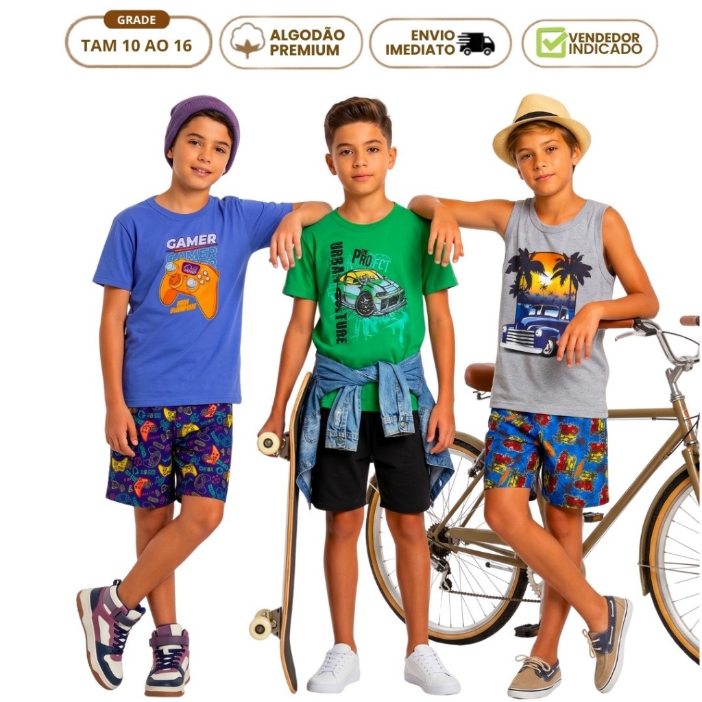 Kit 6 Peças Roupa Infantil Juvenil Masculina 3 Bermuda Calção e 3 Camiseta Manga Curta Regata Algodão 1 ao 16 anos