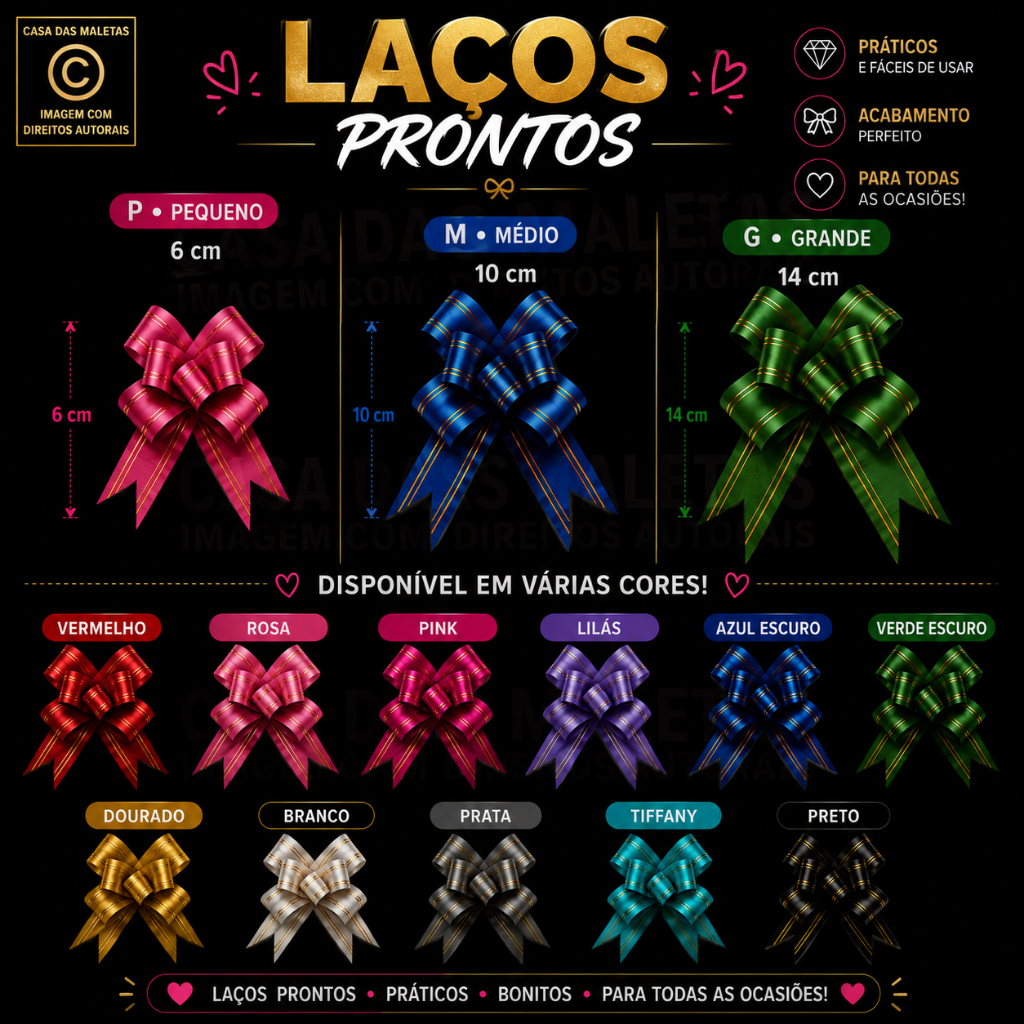 Kit 50 ou 100 Laços Fácil Mágico c/ Filete Dourado P/M/G – Presente – Cores Variadas