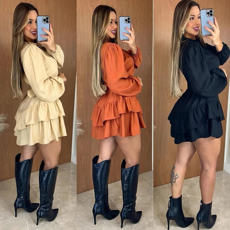 Vestido Feminino Boho Chic Soltinho Manga Longa babado na Barra Tendência ( CINTO NAO INCLUSO ) GOLA