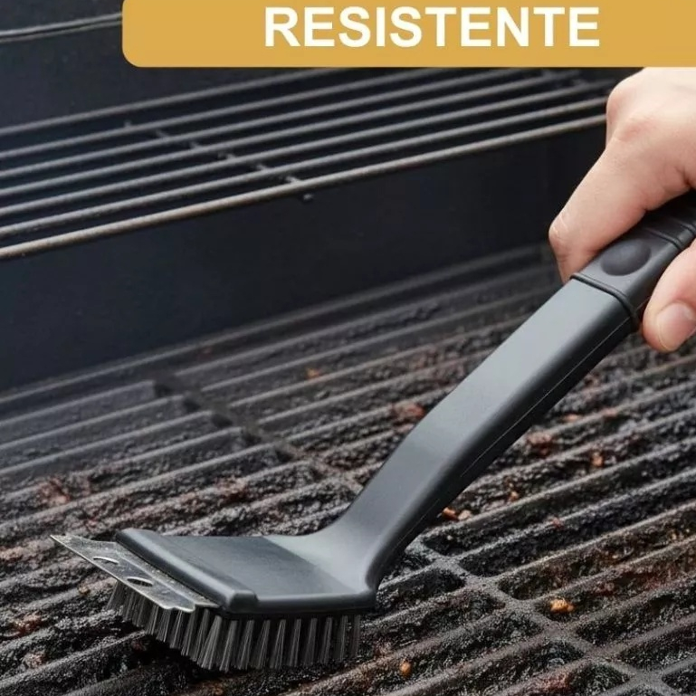 Escova Limpa Grelha Churrasqueira com Cerdas de Aço e Raspador 22cm Removedor de Gordura e Ferrugem