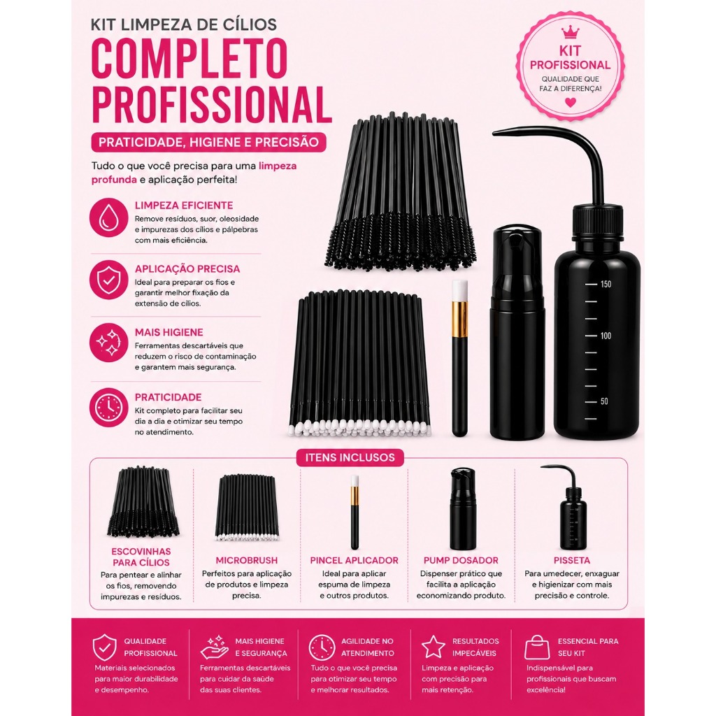 Kit Pump Pisseta Pincel Escovinha e Microbrush - Kit Limpeza Cilios Extensão Profissional Black