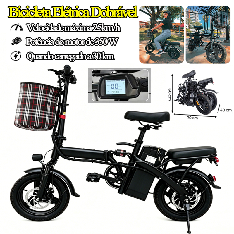 Bicicleta Elétrica Dobrável 400W máxima de 30km com amortecedor Basket Bateria de Lítio Removível