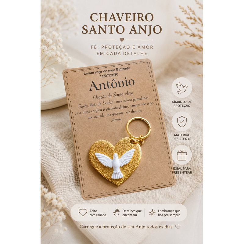 Kit com 10, 15, 20: Lembrancinha de Batizado Personalizada | Chaveiro Espírito Santo com Cartão