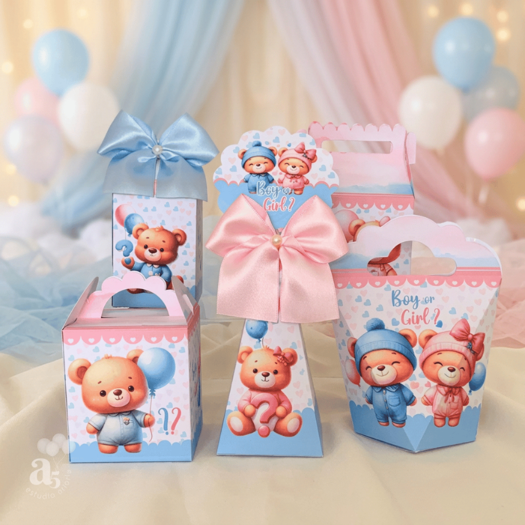 Kit Lembrancinhas CHÁ REVELAÇÃO BEBÊ URSINHOS Caixinha Festa Personalizada PEGUE E MONTE