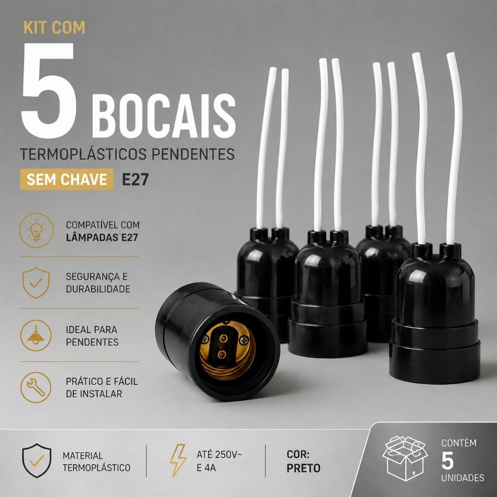 Kit c/ 5 Soquetes E27 Pendente Preto Termoplástico Sem Chave Para Lustres e Luminárias