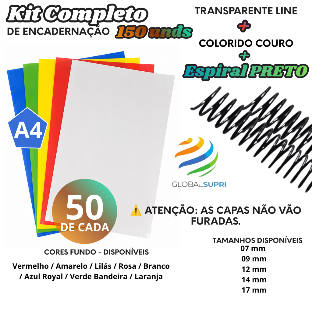 Kit p/ Encadernação 150 un | 50 Capas A4 TRANSPARENTE LINE + 50 A4 COLORIDO COURO + 50 Espirais PRETO