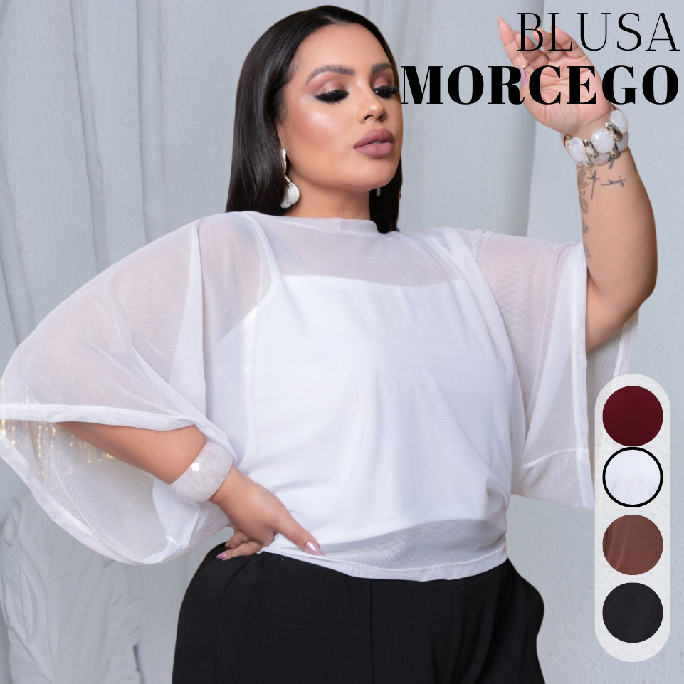 Blusa Tule Plus Size Transparente Com Regata Interna Kit Conjunto Feminino Plus Size Chic Casual Festa GG G1