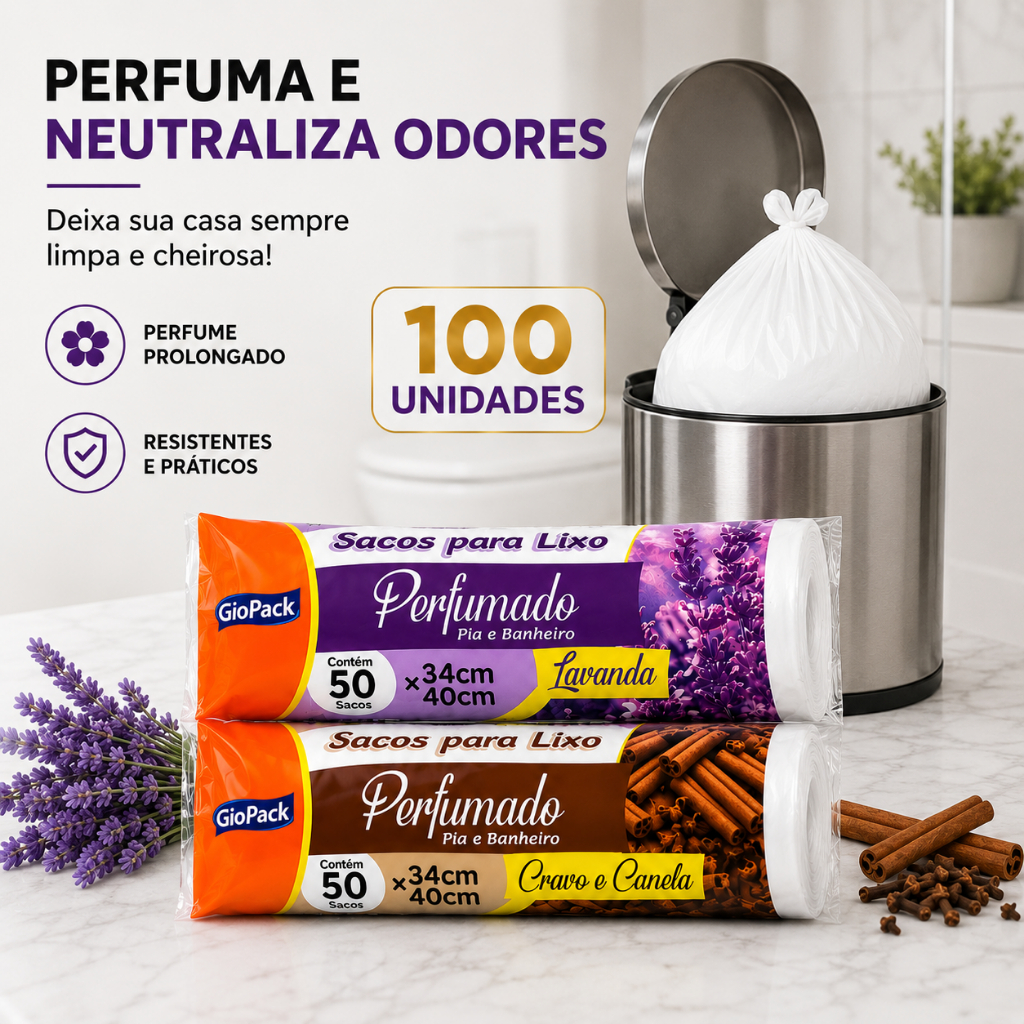 Detalhes do 100 Sacos de Lixo Perfumados Lavanda ou Cravo e Canela Para Pia Banheiro Cozinha Neutraliza Odores