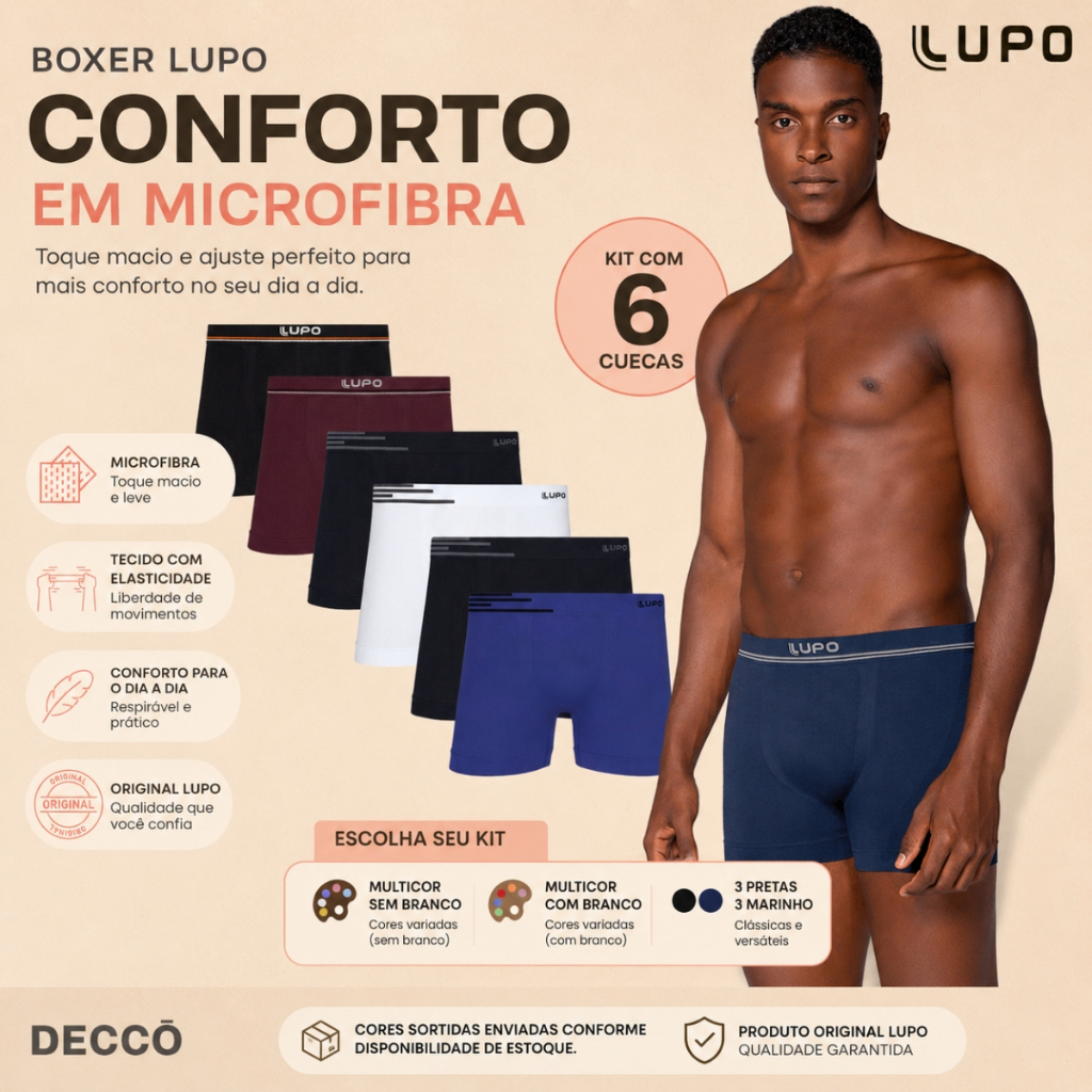 Kit Com 6 Cuecas Lupo Boxer de Microfibra Sem Costura Box Masculina Adulto Original