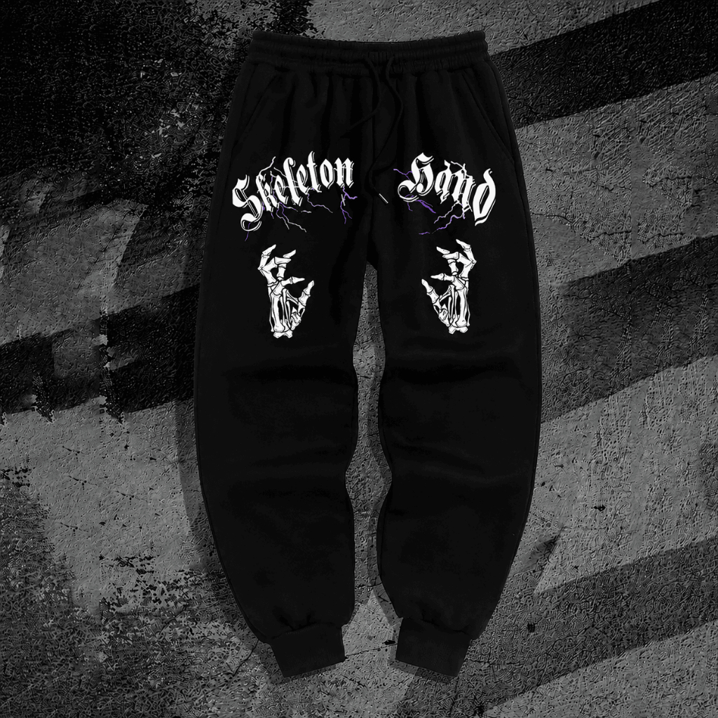 Calça Moletom Algodão Confortável Academia Arte Mãos de Caveira Punk Y2k Streetwear Exclusiva Gótico Gym Treino Fitness