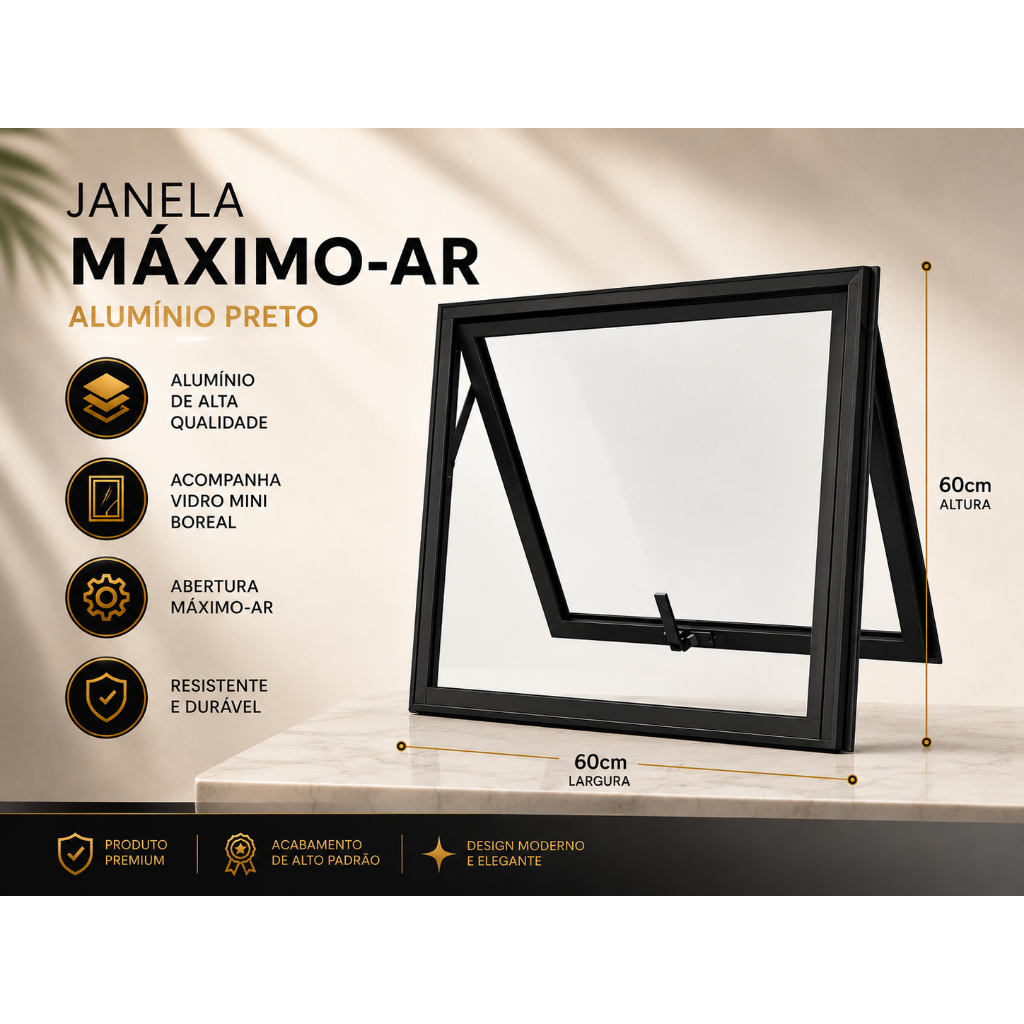 Janela Máximo-Ar 60x60 Alumínio Acabamento Preto com Vidro Mini Boreal – Banheiro/Cozinha