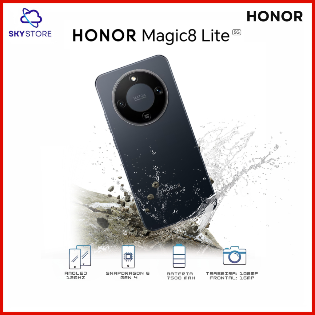 Honor Magic 8 Lite 5G, Versão Global 512GB /8GB RAM, Processador Snapdragon Snapdragon 6 Gen 4, Bateria 7500mAH