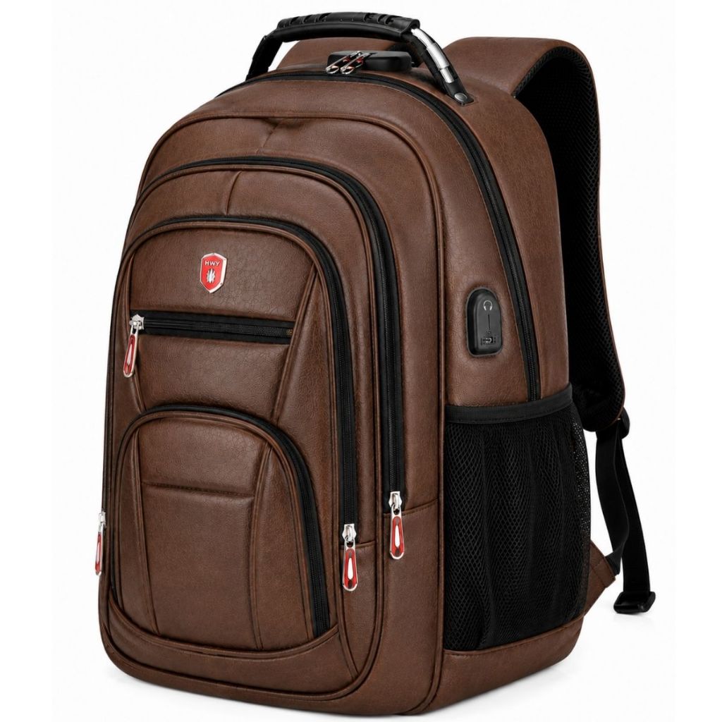 Mochila de Couro Notebook Antifurto Impermeável Reforçada Cabo de Aço USB Trabalho Faculdade Viagem