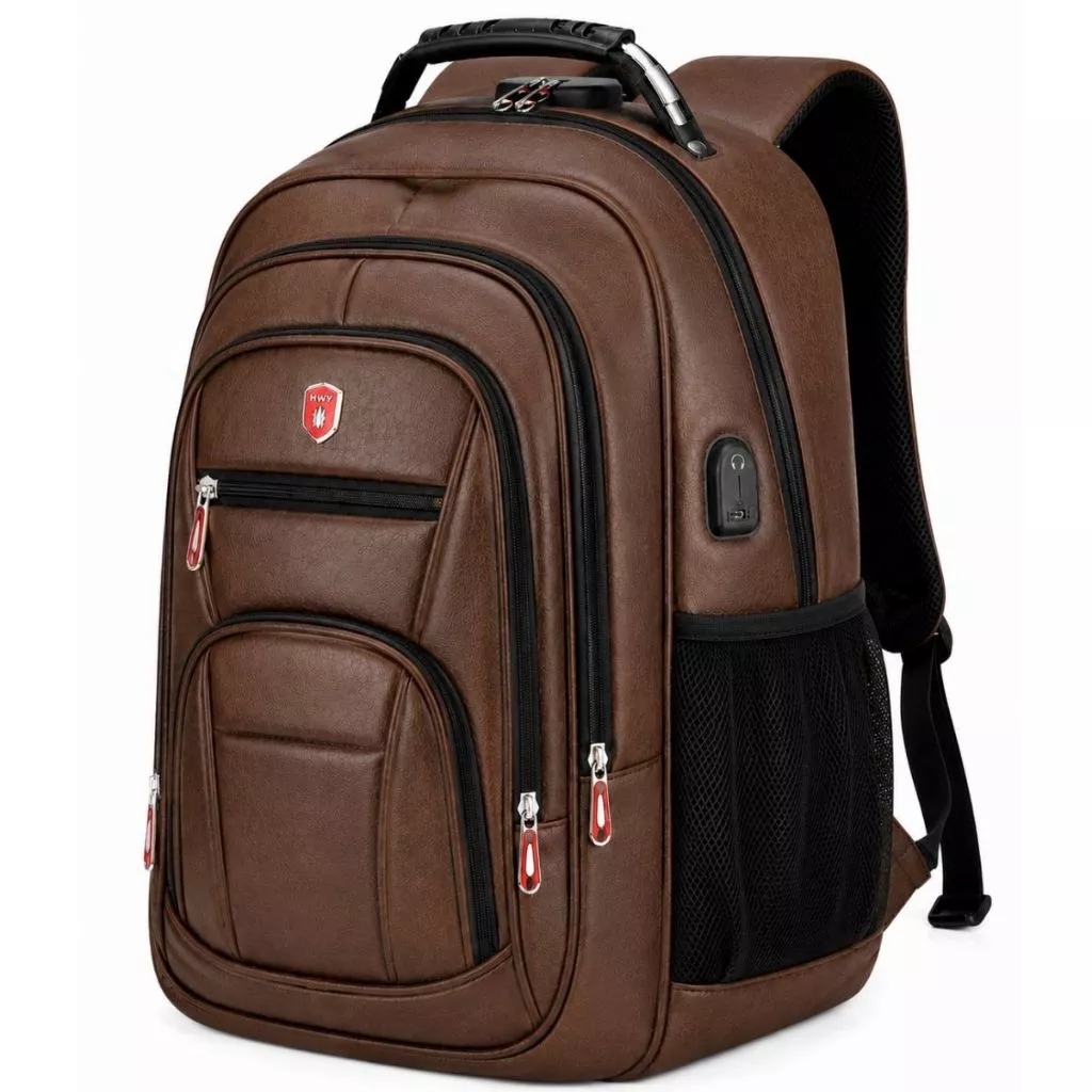 Mochila de Couro Notebook Antifurto Impermeável Reforçada Cabo de Aço USB Trabalho Faculdade Viagem