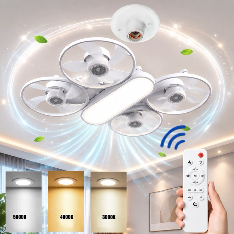 Ventilador de Teto 2 em 1 Silencioso E27 com Luz LED Dimerizável Design Dobrável Elétrico e Moderno