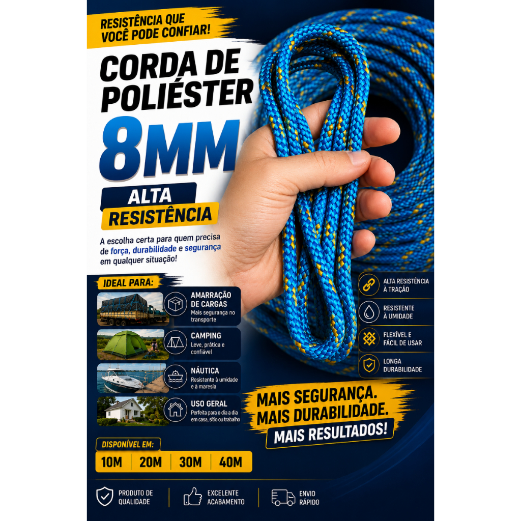 Corda Poliéster 8mm Alta Resistência Obra Carga Camping Náutica Uso Geral 10m 20m 30m 40m Oferta