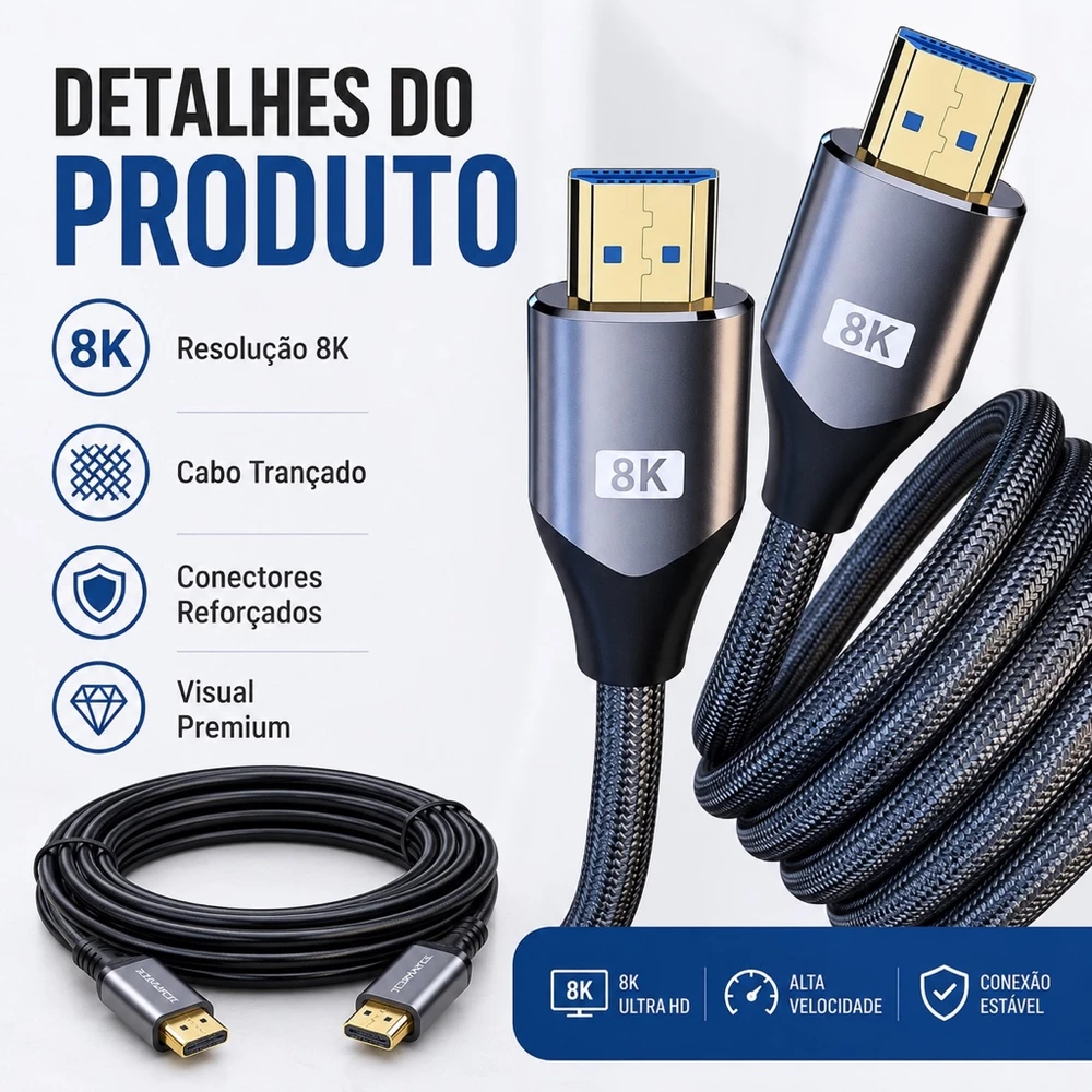 Cabo Hdmi 2.1 8k 5m Blindado 120hz Gamer GTA 6 Ultra HD Gold Ouro Velocidade Sem Delay 4k PC PS5 XBOX