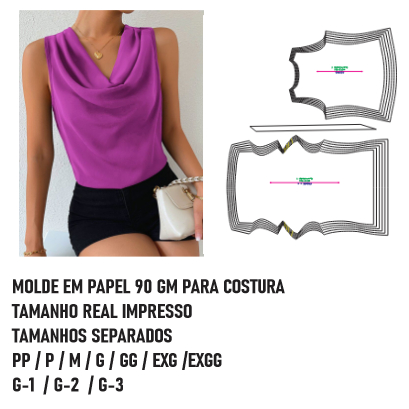 MOLDE,MODELAGEM FEMININA DE BLUSA DECOTE DEGAGÊ IMPRESSA EM PAPEL 90GM PARA COSTURA HSTZ-561