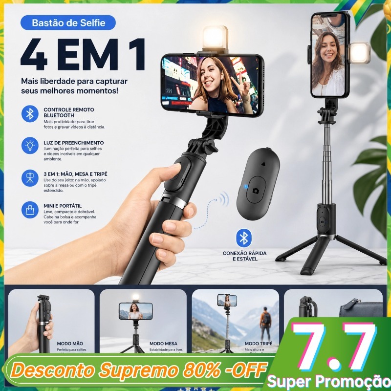 Bastão Pau de selfie Tripé Retrátil 170cm Com Luz LED Controle Bluetooth Celular Rotação de 360° para Live/Foto-Hy-R1700