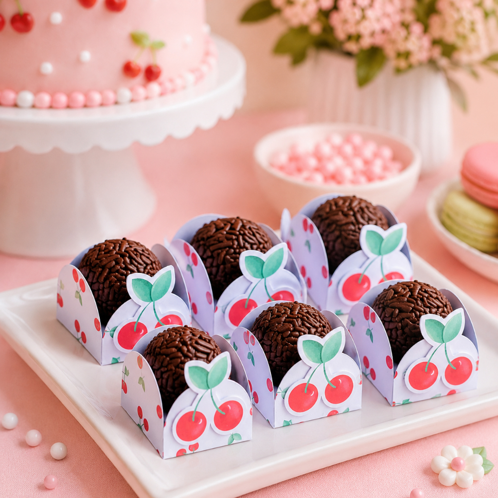 100 Forminhas Para Doces Cerejinha Com Aplique 3D Personalizados Festa Aniversário Mesversário Menina Cherry
