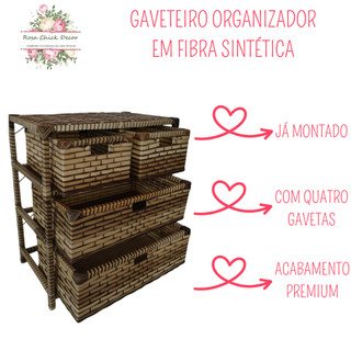 Gaveteiro Organizador Cômoda Artesanal 4 Gavetas Fibra Sintética Multiuso Quarto Casa luxo 58x34x65