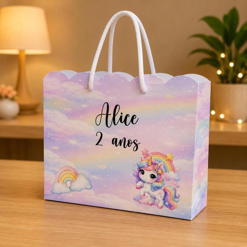 Sacolinha Personalizada G Unicórnio Lembrancinha Festa Infantil Tema Arco íris Aniversário FAZEMOS TODOS OS TEMAS
