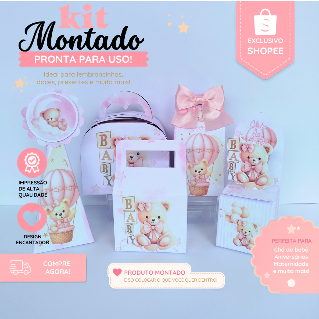 Kit Lembrancinhas Chá de Bebê Ursinha Rosa – Caixa Milk, Sacolinha, Pirâmide e Cubo Personalizados | Festa Menina, mimos