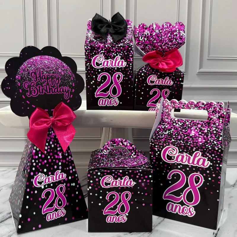Kit Caixas Personalizadas Preto com rosa adulto /festa/ aniversário/ mimo/ personalizados/ papelaria/lembrancinhas