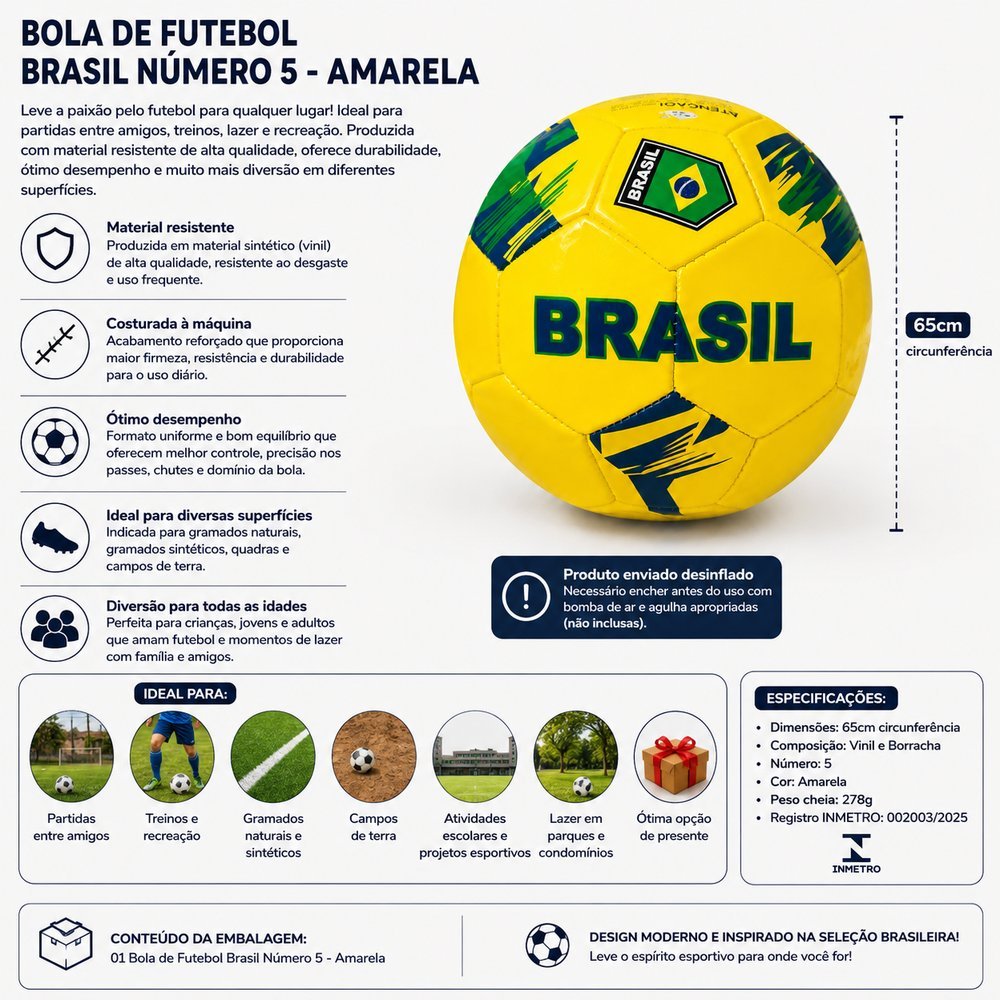 Bola De Futebol Campo Quadra Grama Brasil Seleção Brasileira Copa Do Mundo Número 5 Amarela Infantil