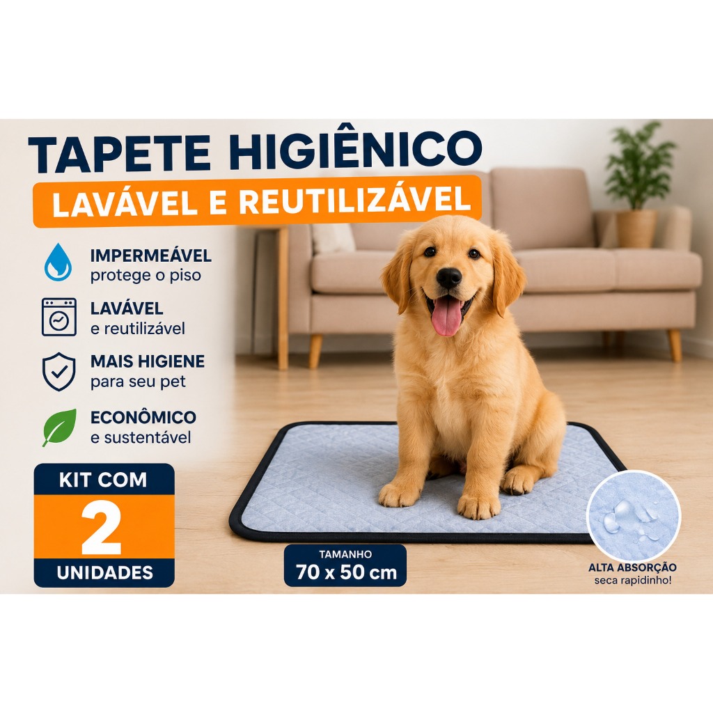 Tapete Higiênico Lavável para Cachorro 70x50cm Kit 2 Unidades Impermeável Alta Absorção Reutilizável