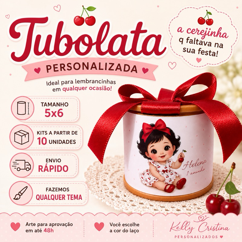 Tubolata Personalizada Cerejinha 5x6 Lembrancinha Infantil com Laço Kit 10 Unidades -Tubolata Cerejinha Cute