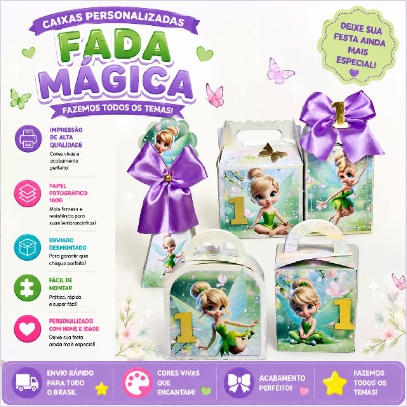 Kit Festa Personalizado Fada Sininho|Tinker Bell| Pegue e Monte | Caixinhas Personalizadas | Todos os Temas |Aniversário