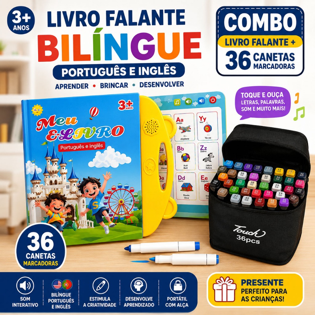 AUXOM Livro Infantil Falante Bilíngue Português/Inglês + 36 Canetas Marcadoras, Lousa Mágica Reutilizável 2 em 1