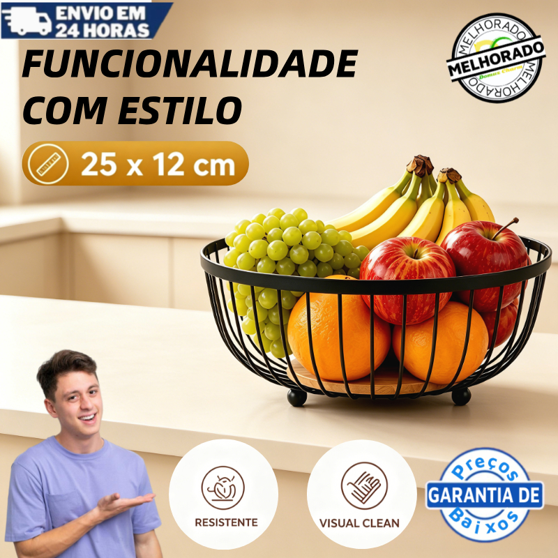 Fruteira de Mesa Rustica de Ferro e Bambu para Café da Manhã Multiuso de Metal Preto para Mesa