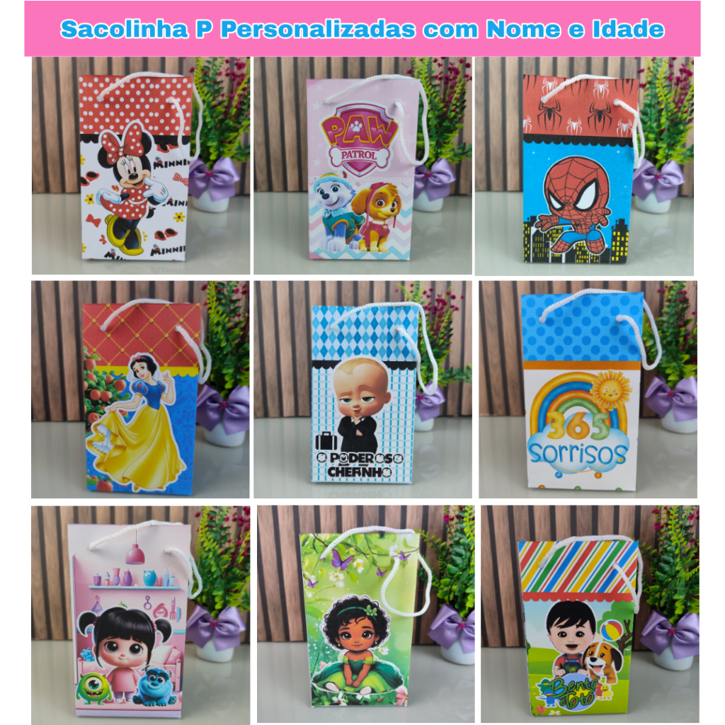 Sacolinha P Personalizada com Nome e Idade Vários Temas Tamanho P  16x9,5cm  | Lembrancinha Aniversário