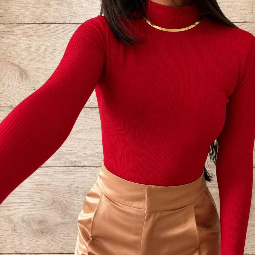 Blusa Feminina Canelada Ribana Gola Alta Manga Longa Cacharrel Gola Rolo Inverno Quentinha Justinha