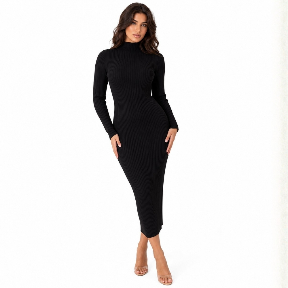 Vestido Midi Feminino Tricô Canelado Manga Longa Gola Alta Fio Modal Tubinho Inverno