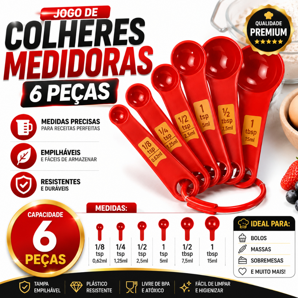 Jogo de 6 Colheres Medidoras para Receitas de Bolo e Confeitaria