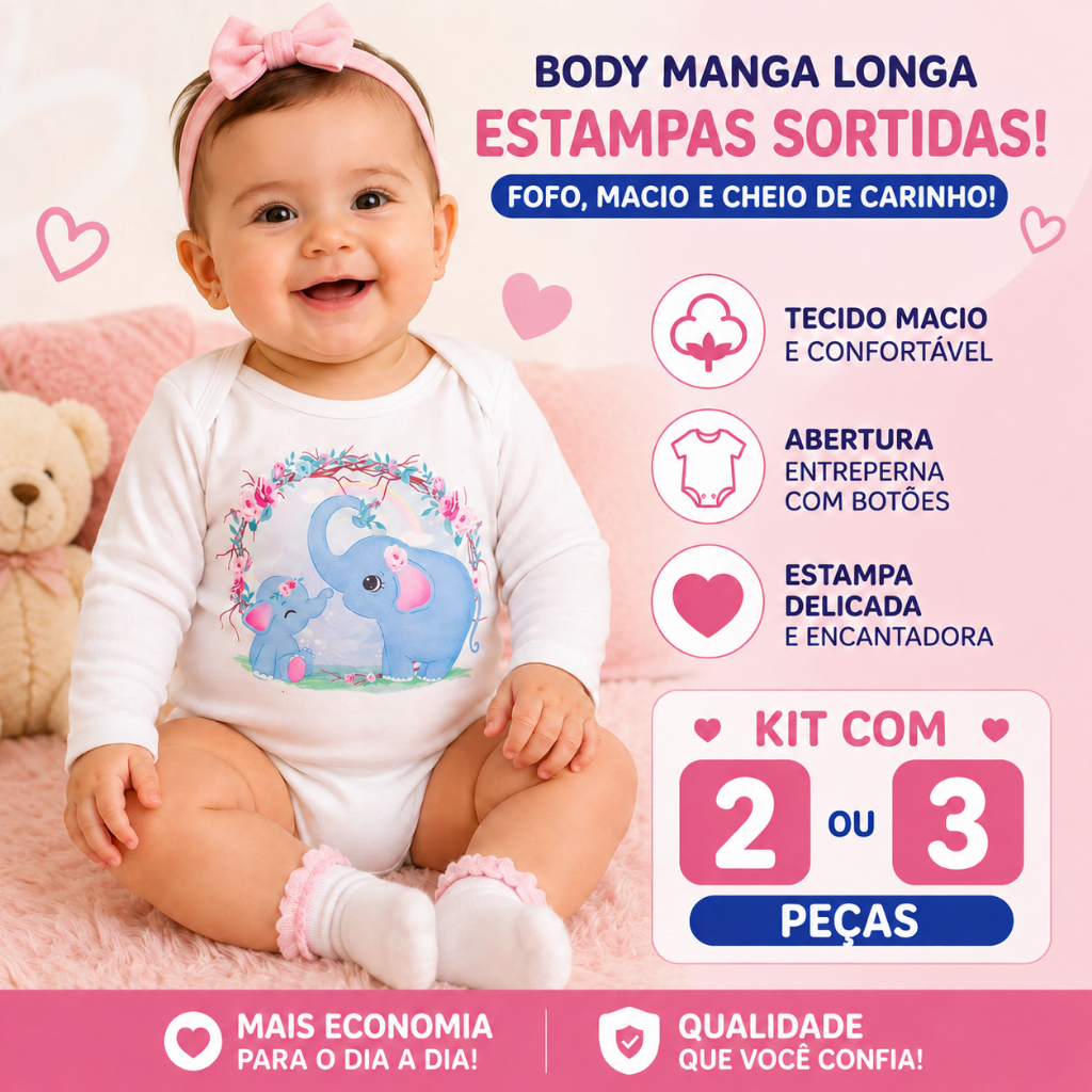Body Manga Longa Estampado Avulso, Kit 2 Bodies Bebê Menina Manga Longa Cotton Estampas Sortidas