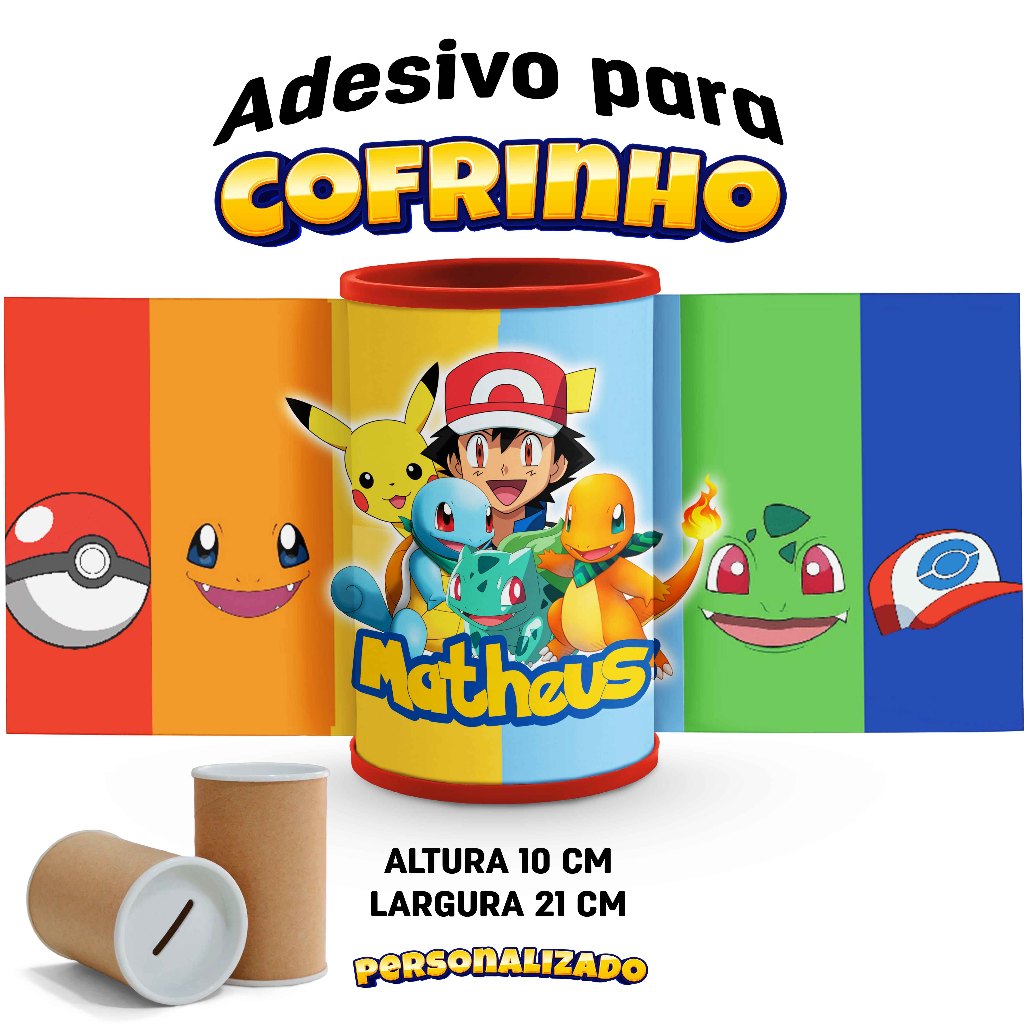 Rótulo adesivo para Cofrinho POKEMON 10x21 cm  Personalizado Lembrancinhas Infantil, Aniversário