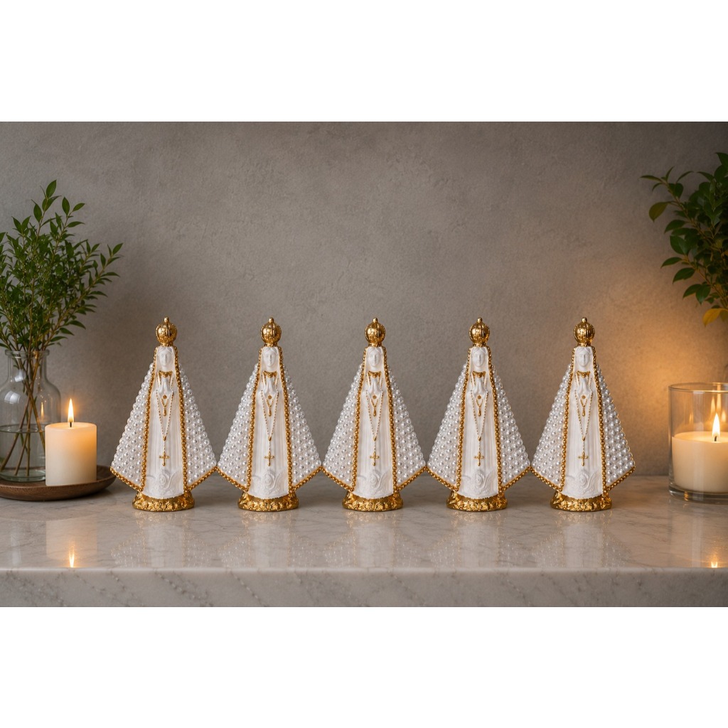 Kit 5  Imagem Nossa Senhora Aparecida Perolado 15cm  Gesso Artesanal com Detalhes Dourados e Manto Bordado