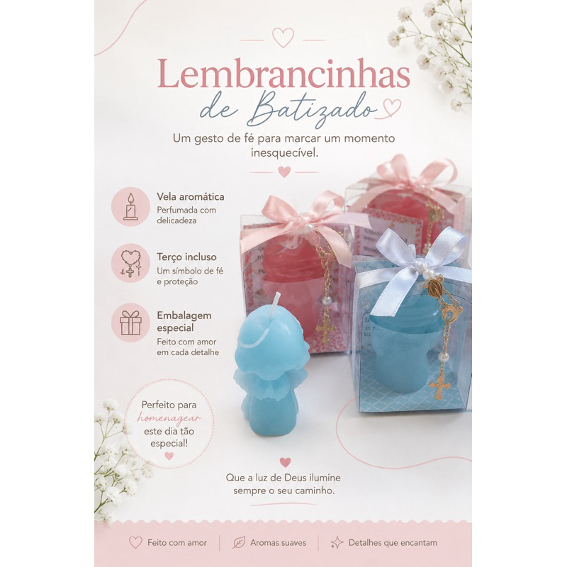 10 Lembrancinha Batizado Vela Anjinho com Mini Terço Personalizada | Caixa Acetato