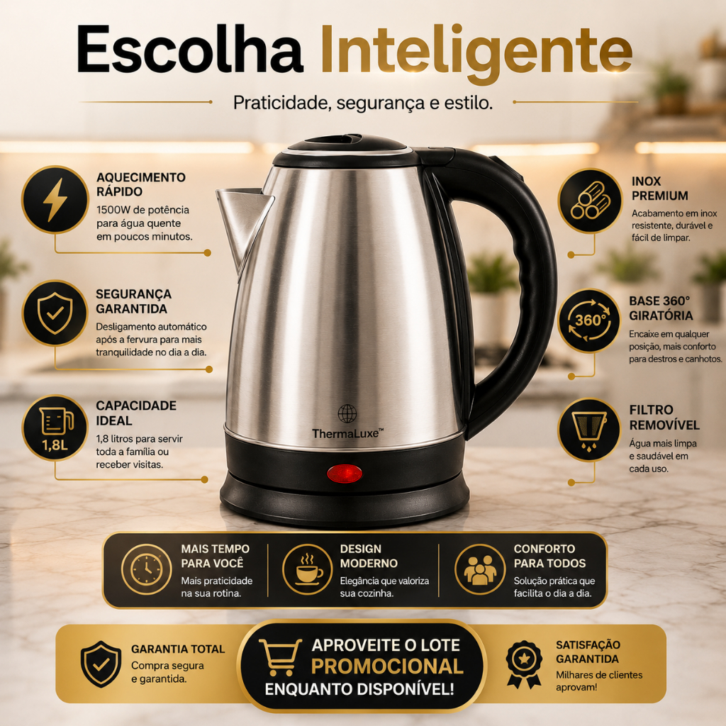 Chaleira Eletrica Inox Capacidade 18 Litros Potencia 1500w Aquecimento Rapido Design Moderno