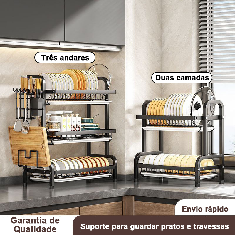 Escorredor Kitchen Rack Aço Inoxidável – Organizador de Louças Preto Armazenamento