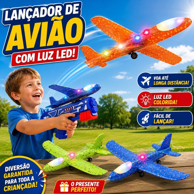 Lançador de Avião de Espuma com LED Planador Voador Catapulta Brinquedo Infantil