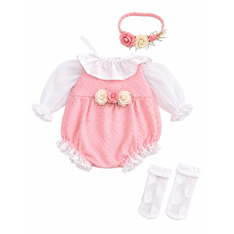 Kit Roupinha Bebê Reborn 34 a 40 cm | Macacão + Body + Faixa de Strass + Meias | Menina SHAYNN