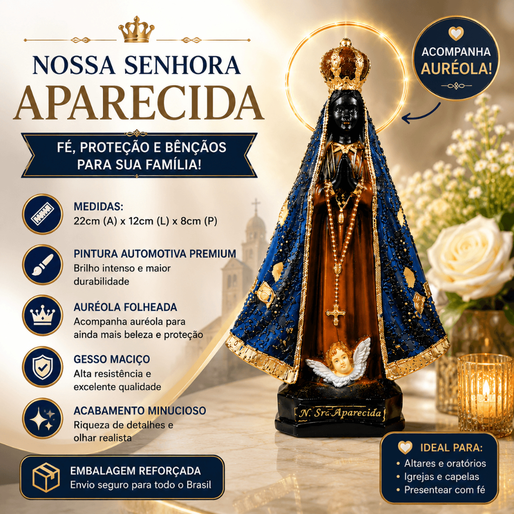 Imagem Nossa Senhora Aparecida com Auréola Folheada 22cm acabamento Premium